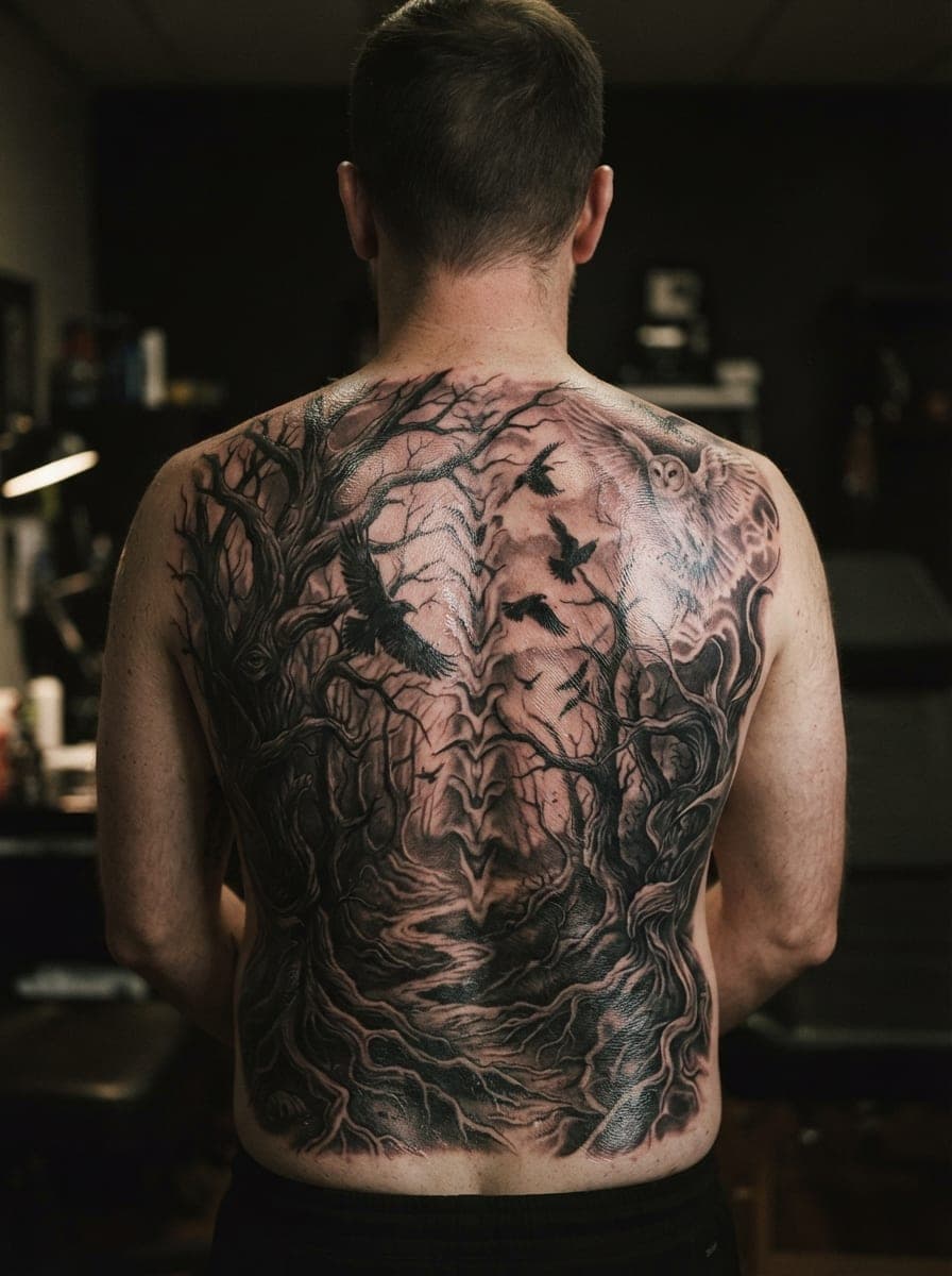 Großflächiges Rückentattoo in Black'n'Grey über Schulterblätter und Wirbelsäule