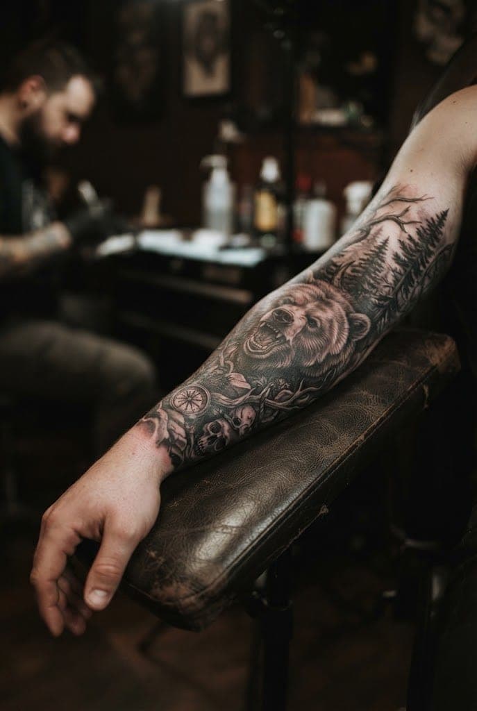 Vollständig tätowierter Unterarm-Sleeve in realistischer Schattierung